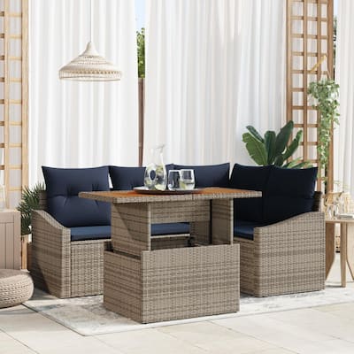 vidaXL 5 Garden Sofa Set with Cushions Black/Grey Poly Rattan - 70.3 x 48.6 x 27.2