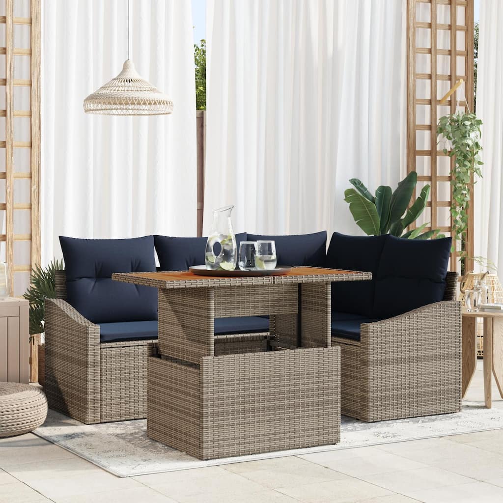 vidaXL 5 Garden Sofa Set with Cushions Black/Grey Poly Rattan - 70.3 x 48.6 x 27.2