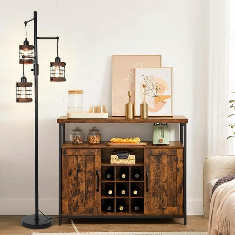 Airposta Dimmable Industrial Floor Lamp - 3-Light Wood & Metal Cage Floor Lamp
