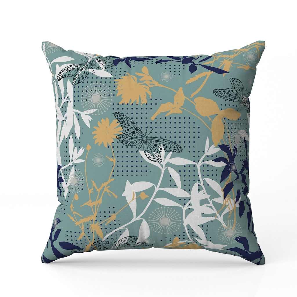 Butterfly Floral Orbit Indoor/Outdoor Reversible Throw Pillow Blue and Cyan