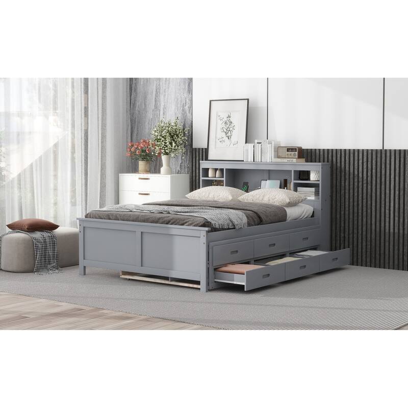 Twin/Full Size Storage Platform Bed with Bookcase Headboard and 3 Drawers, Wood Platform Bed with Twin Size Trundle and USB Port