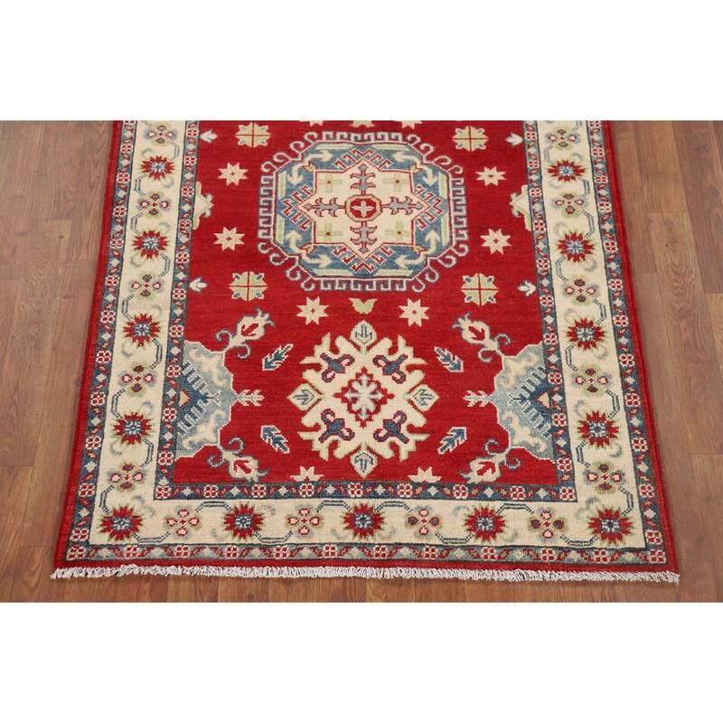 Red Geometric Kazak Rug Hand-Knotted Wool Carpet - 3'5" x 5'0"