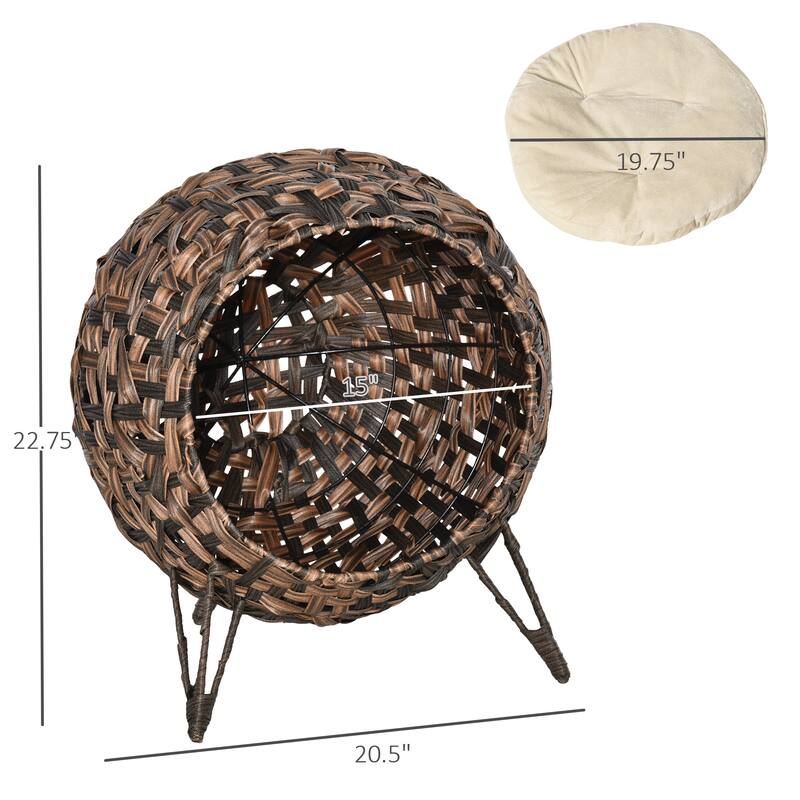 PawHut 20.5" Natural Rattan Cat House, Elevated for Comfort and Circulation, Cushion Included as Animal Bed