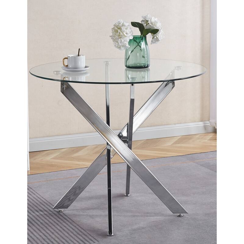 Round Glass Dining Table for 4-Person, Kitchen Table with Tempered Glass Top & Cross Metal Legs, Leisure Table for Small Places