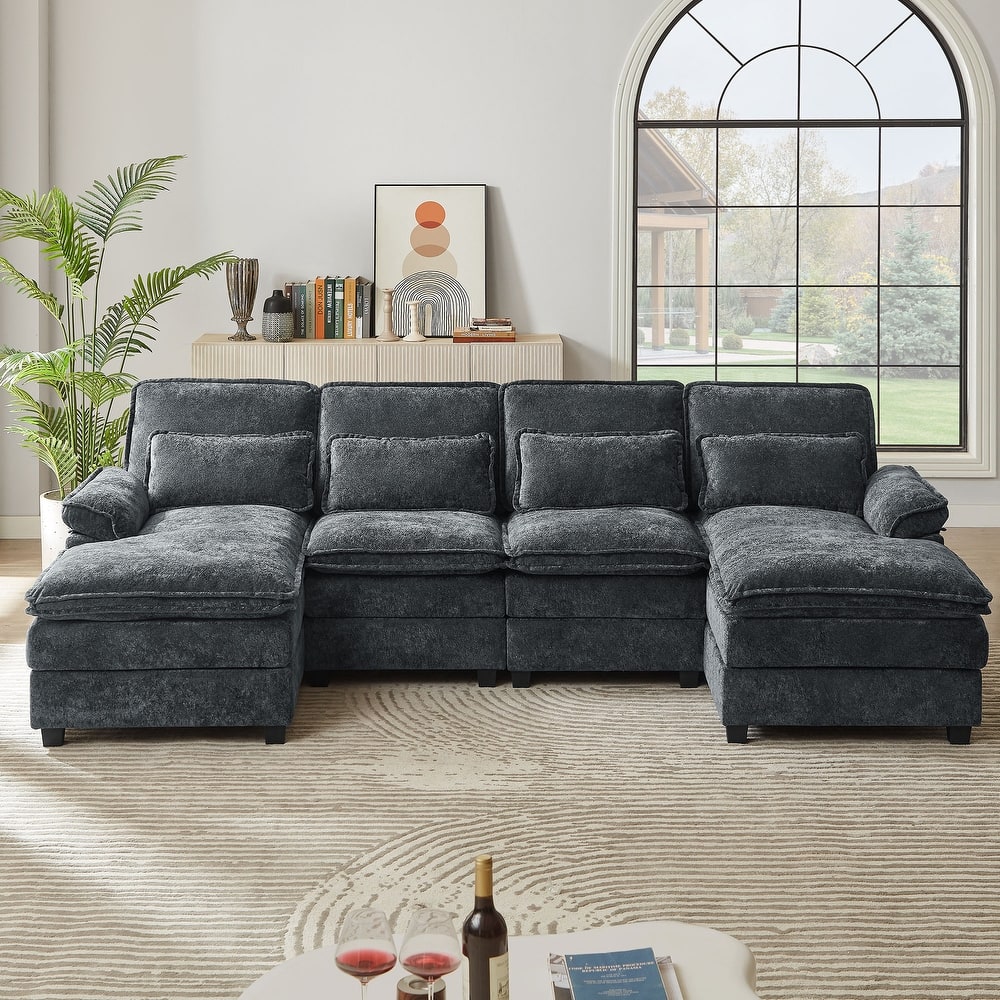 113" Chenillle U Shaped Sectional Sofa with Toss Pillows