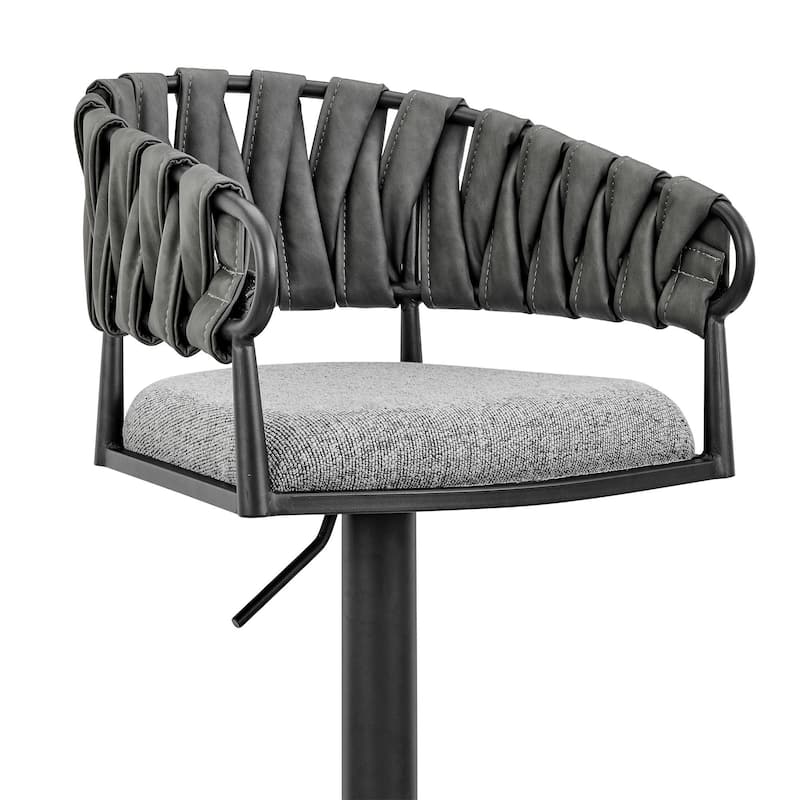 Blaise Adjustable Swivel Bar Stool, Black Metal with Gray Fabric and Faux Leather