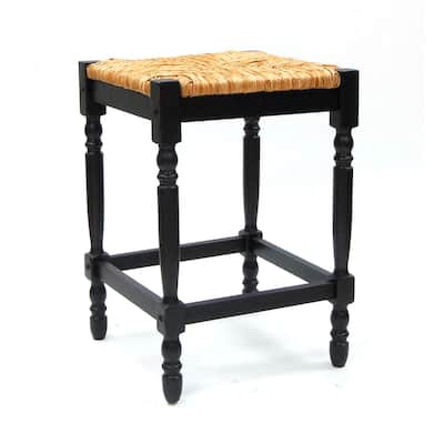 24" Antique Black and Beige Counter Stool with Hand Woven Rush Seat