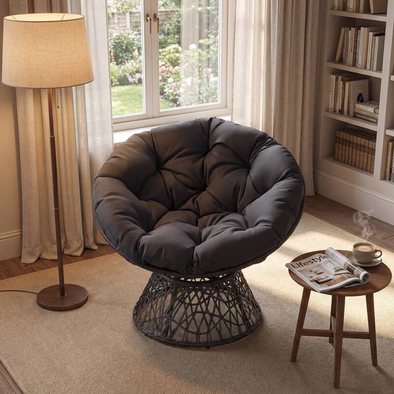 Gymax 360-DegreeSwivel Papasan Chair Round Wicker Lounge Chair w/Thick