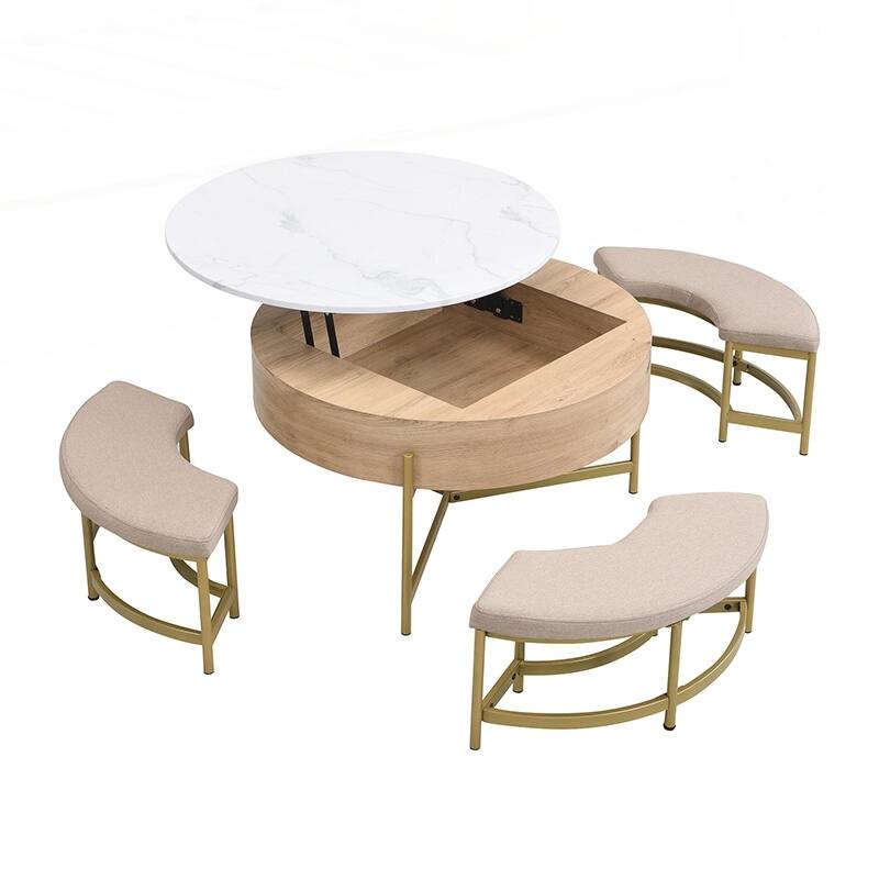 Modern Round Lift-Top Coffee Table with Storage & 3 Ottoman