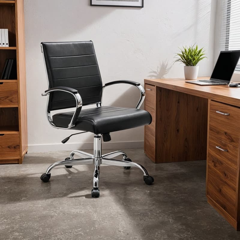 Benmar Modern Leather Ribbed Executive Office Chair with Chrome Frame, Adjustable Height, 360° Swivel, and Rolling Casters