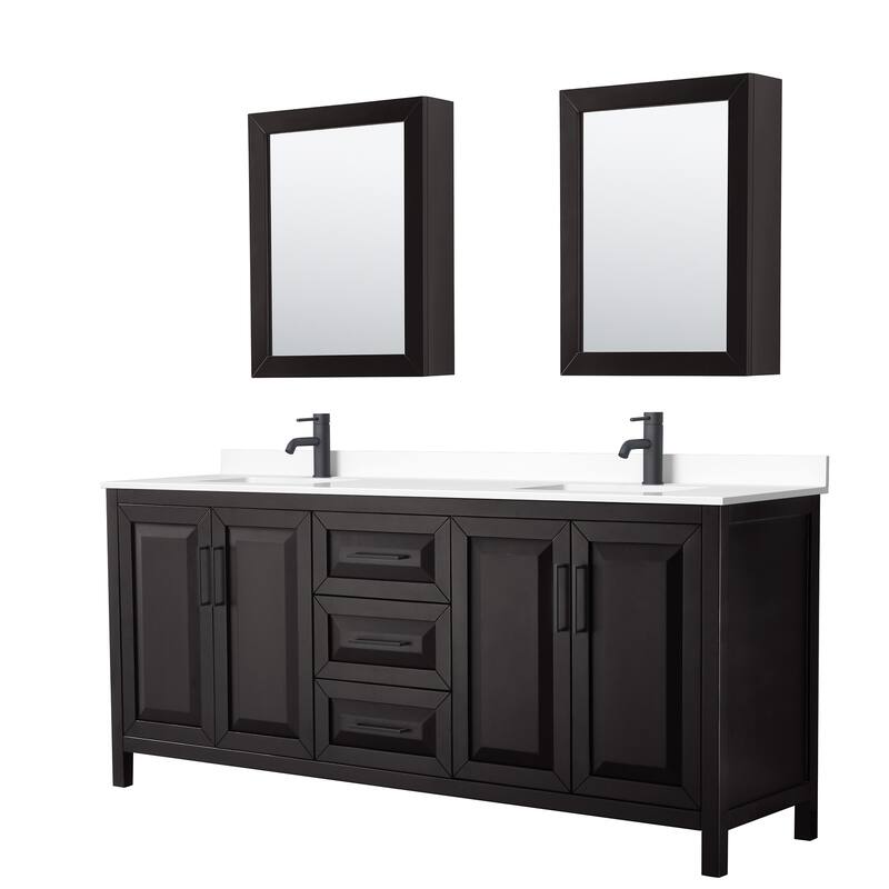 Daria 80 Inch Double Vanity, Cultured Marble Top, Medicine Cabinets - Dk Espresso, Black Trim, White Cultured Marble Top