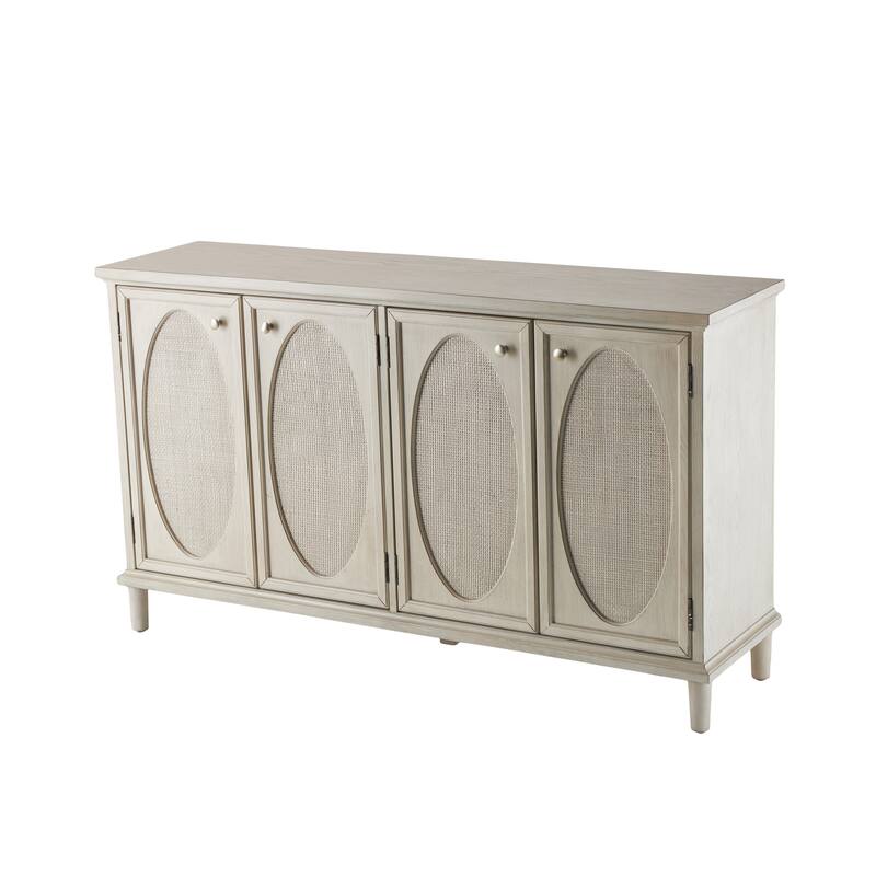 Wooden Geometric Washed Oval Rattan Front 4 Door Sideboard with Round Silver Knobs - Light Gray - Roche River Decor