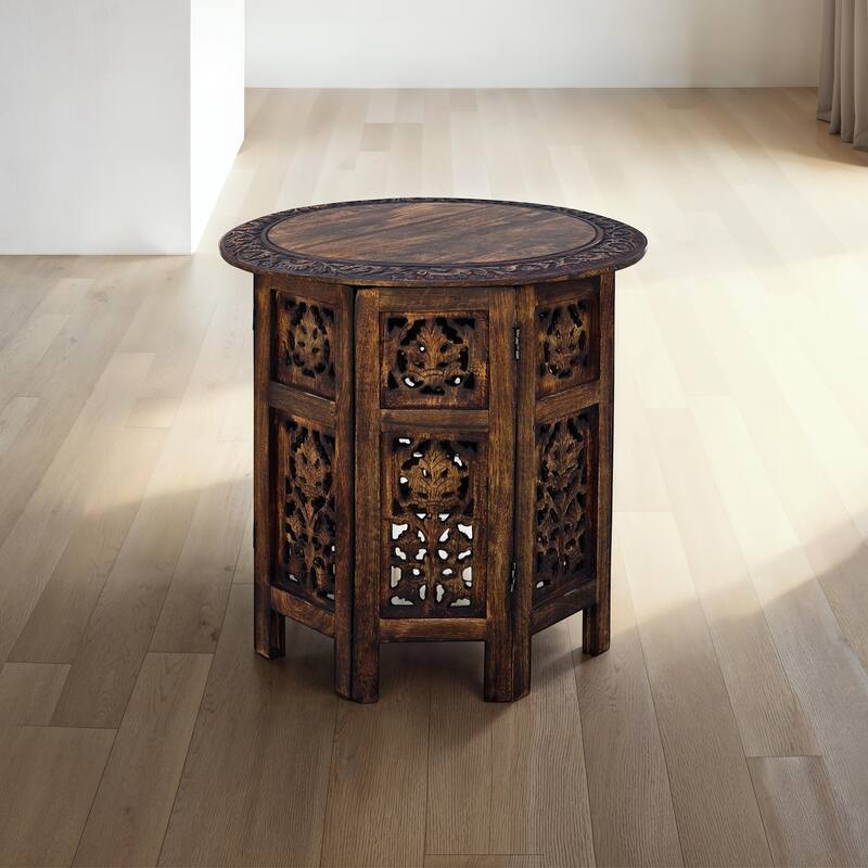 18 Inch Mango Wood Folding Accent Table, Hand Carved, Walnut Brown