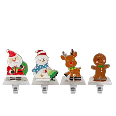 Set of 4 Christmas Figures Stocking Holders with Silver Base - 5"