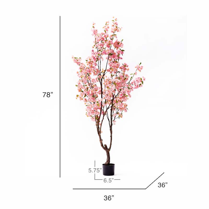 6.5ft Pink Artificial Cherry Blossom Flower Tree Plant in Black Pot - 78" H x 36" W x 36" DP