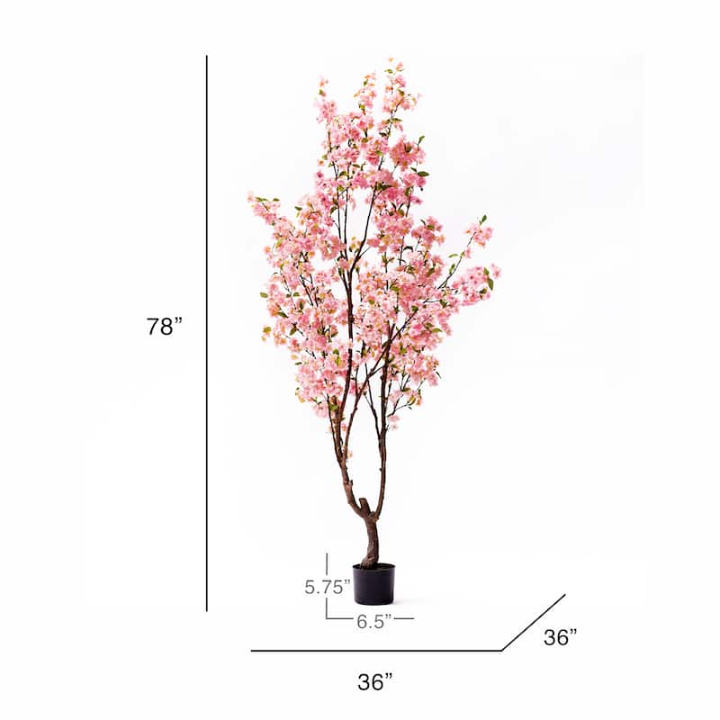 6.5ft Pink Artificial Cherry Blossom Flower Tree Plant in Black Pot - 78" H x 36" W x 36" DP