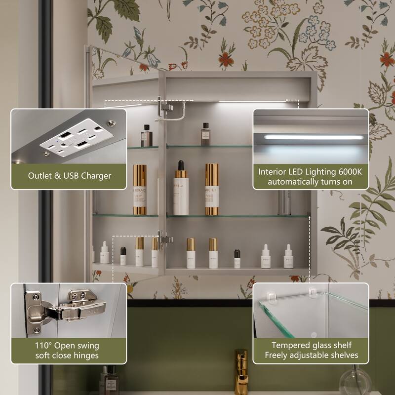 ExBrite 20" x 26" LED Lighted Bathroom Medicine Cabinet with Mirror,Recessed or Surface Mount,Defog