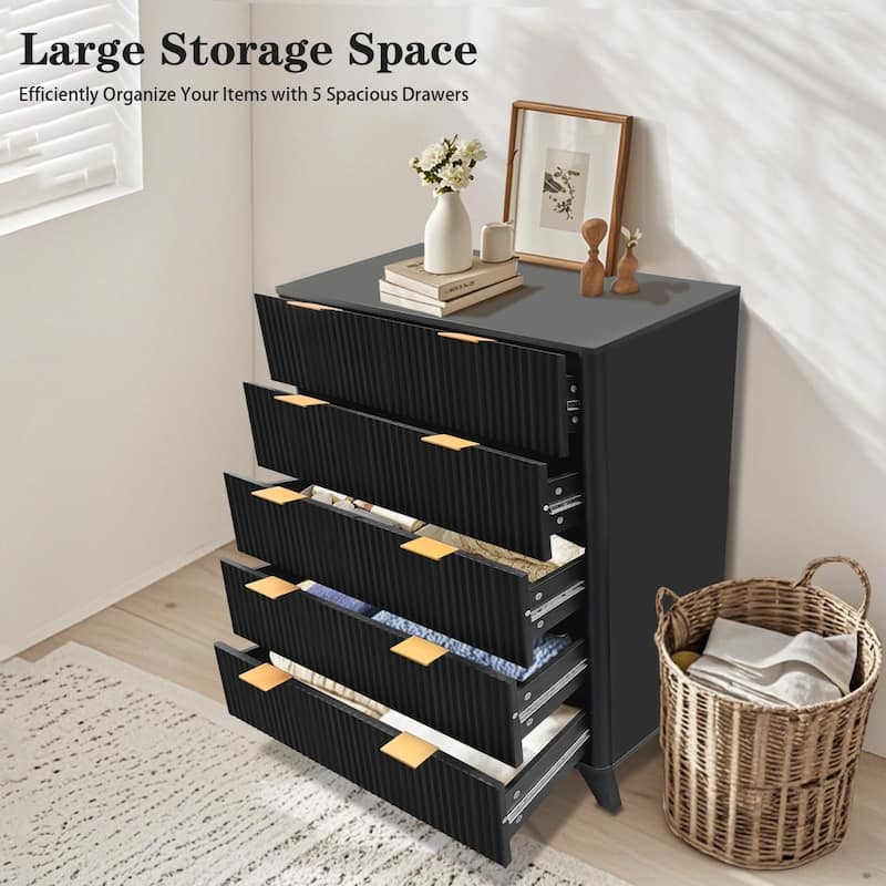 5 Drawer Fluted Dresser, 48" Tall Modern Wood Storage Chest