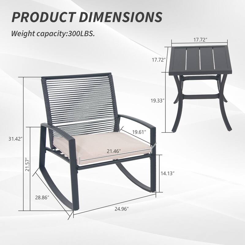 Domi Outdoor 3-Piece Wicker Rocking Chair Set, Patio Conversation Set with Removable Textilene Cushions & Metal Coffee Table - Beige