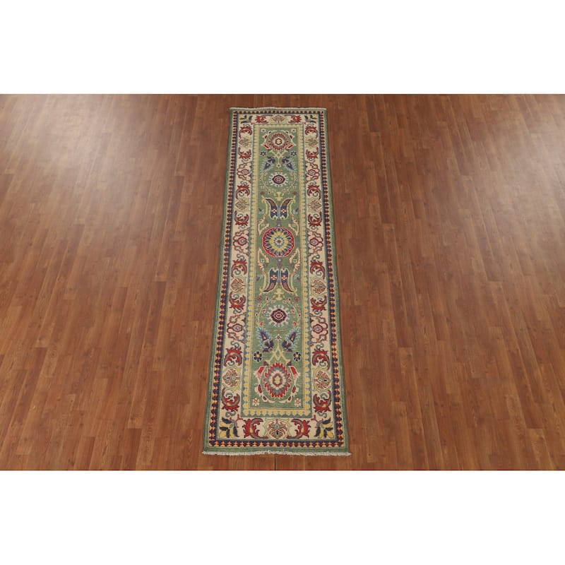 Green Floral Kazak Runner Rug Hand-Knotted Wool Carpet - 2'8" x 9'7"