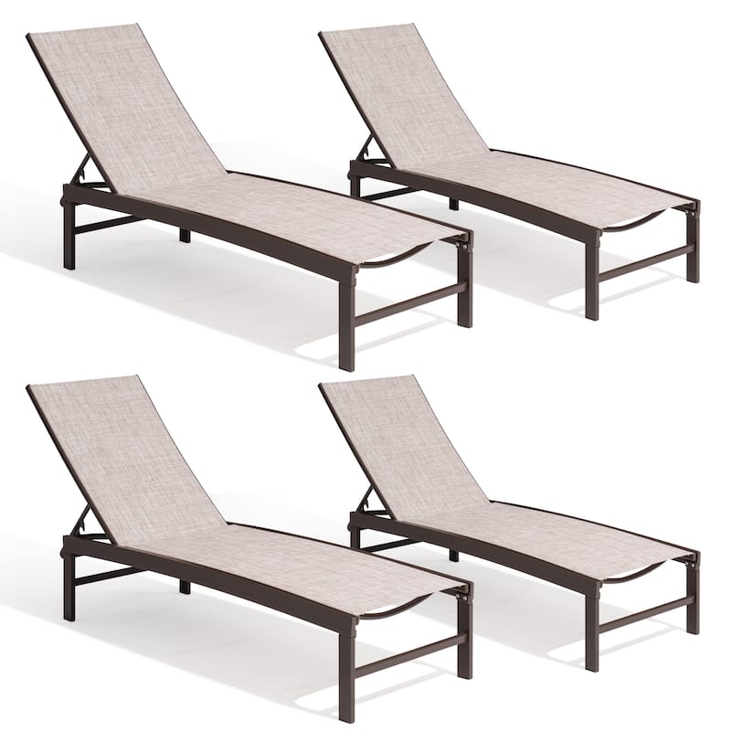 Outdoor Pool Lounger Aluminum All-weather Adjustable Chaise Lounge Chair - See Picture - Beige Fabric, Brown Frame - Set of 4
