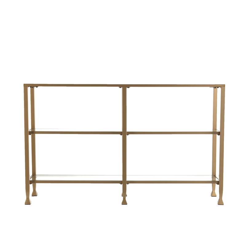 HomeRoots 49" Clear and Gold Glass Floor Shelf Console Table With Storage - 48.50 in. x 29.25 in. x 12.75 in.