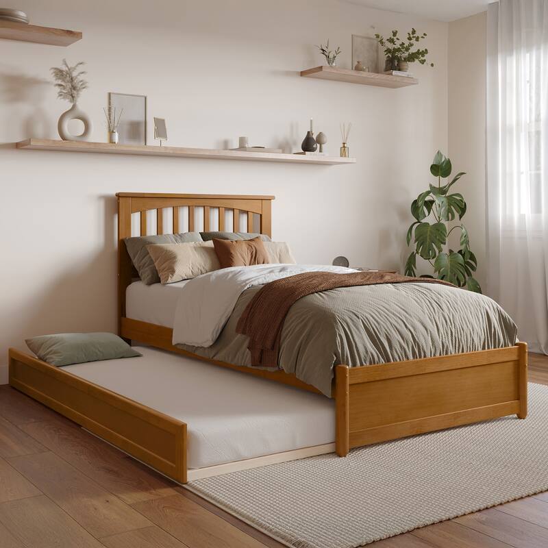 Everett Platform Bed with Panel Footboard and Twin XL Trundle - Light Toffee - Twin XL