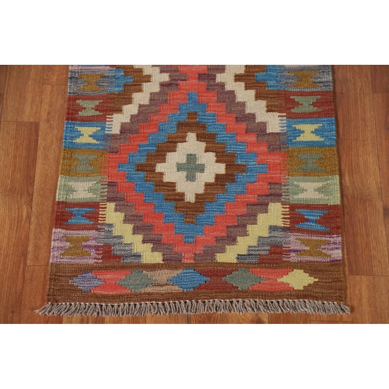 Southwestern Kilim Runner Rug Hand-Woven Wool Carpet - 1'11"x 7'0"