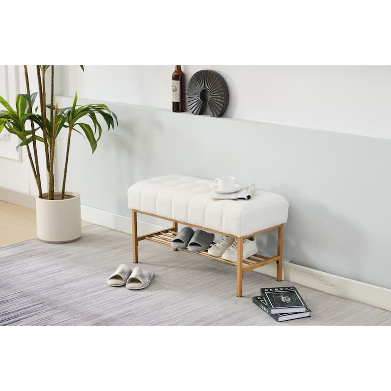 Teddy fabric Upholstered Storage Shoe Bench - White