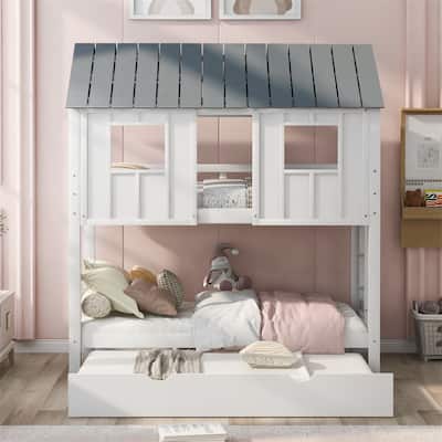 Twin Size House Bunk Bed with Trundle,Roof and Windows