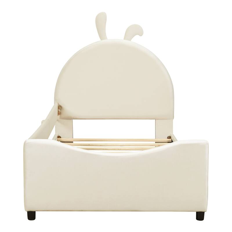 Playful Twin Daybed with Rabbit Ear Headboard, Velvet Upholstery, and Sturdy Wood Frame for Kids' Rooms