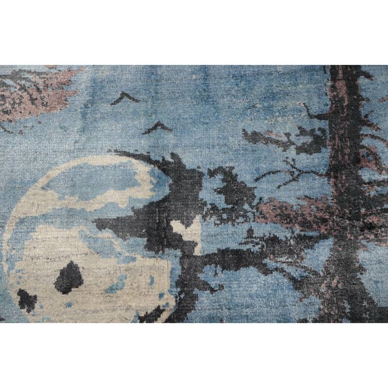 Hand Knotted Oriental Viscose Silk Carpet Modern Pictorial Navy Blue & Blues Abstract Area Rug - 6' 4'' X 4' 8''