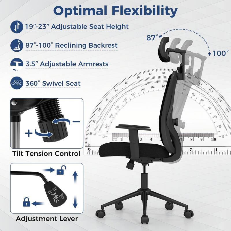Ergonomic Mesh Office Chair with Adjustable Headrest Lumbar Support and Reclining Back Black Swivel Computer Desk Chair