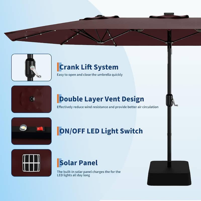 15FT Patio Umbrella with Solar Lights and Crank Handle,Base Included