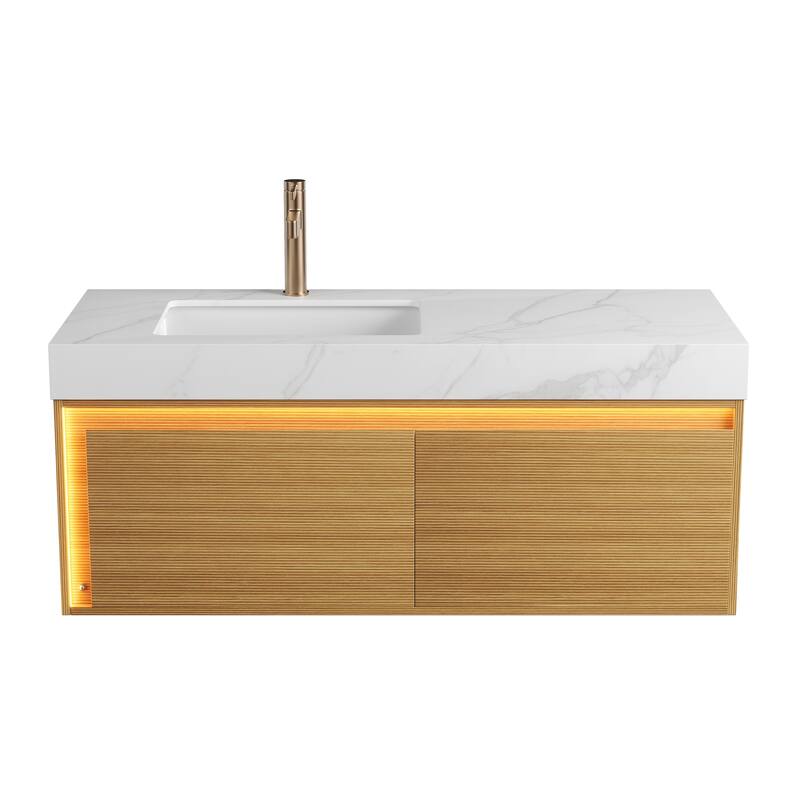 GDFStudio - Nyah Modern Floating Bathroom Vanity with Ultra-Slim Grille Drawer, Sensor Light & Carrara White Sintered Stone Top
