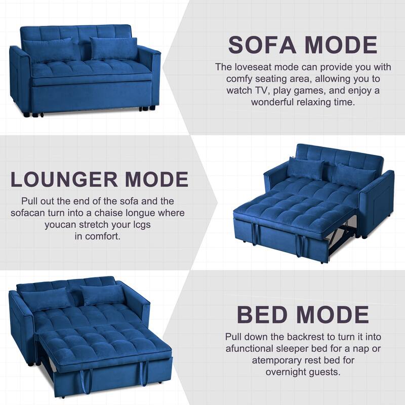 3-in-1 Velvet Convertible Sofa Bed, Adjustable Backrest with Pockets