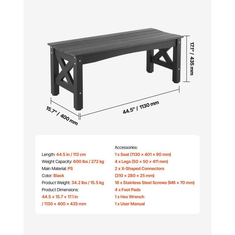Black Plastic Backless Garden Bench with Cross-Leg Design for Comfortable 2-Person Seating - 44.5” x 15.7” x 17.1”