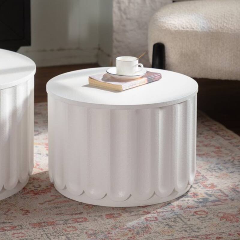 White Round Storage Table Set with Lift-Off Lid, Nesting Design, Elegant Curved-Edge Shape for Cozy Living Room Styling