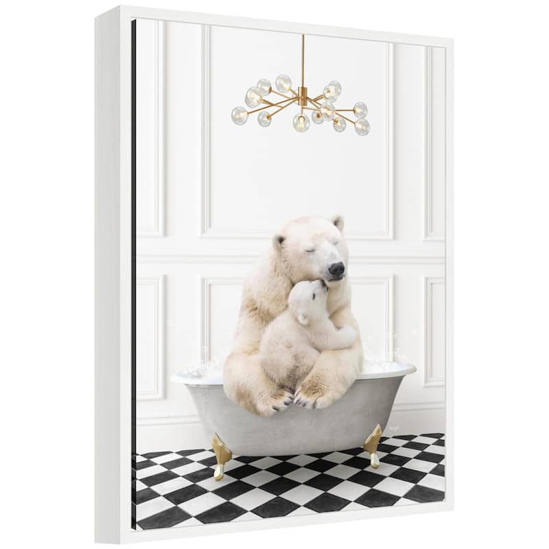 Kate and Laurel Sylvie Mother and Baby Polar Bear in Gray Bathtub on Checker Floor Framed Canvas by Amy Peterson - White