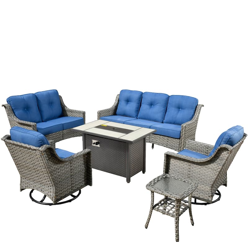 OVIOS 6 Pieces Outdoor Wicker Curved Swivel Chair Set With Fire Table