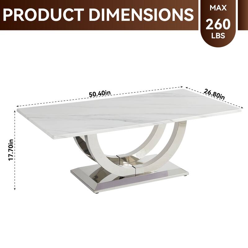 50.4 Inch Modern Rectangular Coffee Table,Marble Pattern MDF Top, Silver Stainless Steel Base.