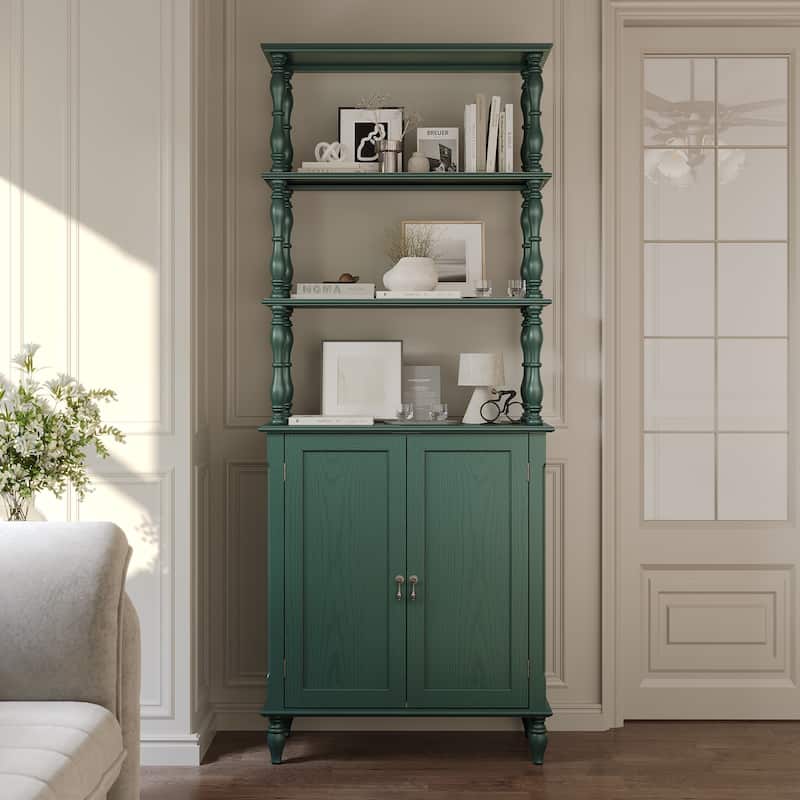 77" Tall Bookshelf with Cabinet, Freestanding Storage Cabinet - Green