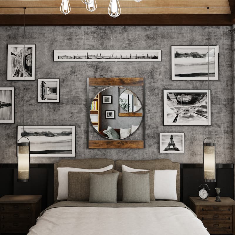 Industrial Metal Wood Frame Wall Mirror
