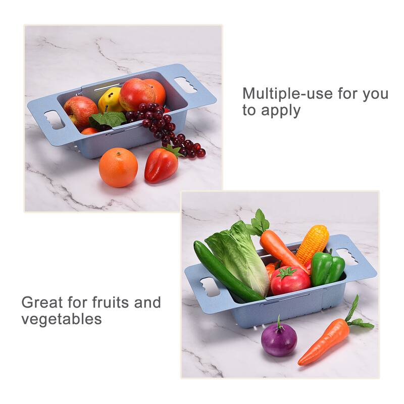 Extendable Over the Sink Strainer Fruit Vegetable Colander for Kitchen - Blue - 38cm x 19cm x 8cm