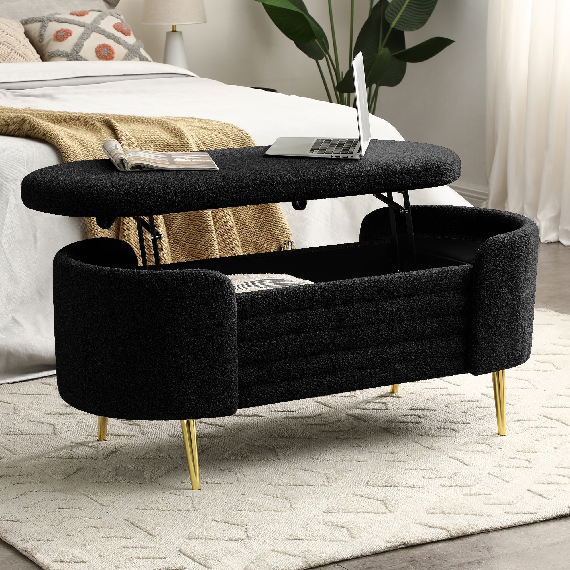 Modern End of Bed Bench with Storage Upholstered Sherpa Fabric
