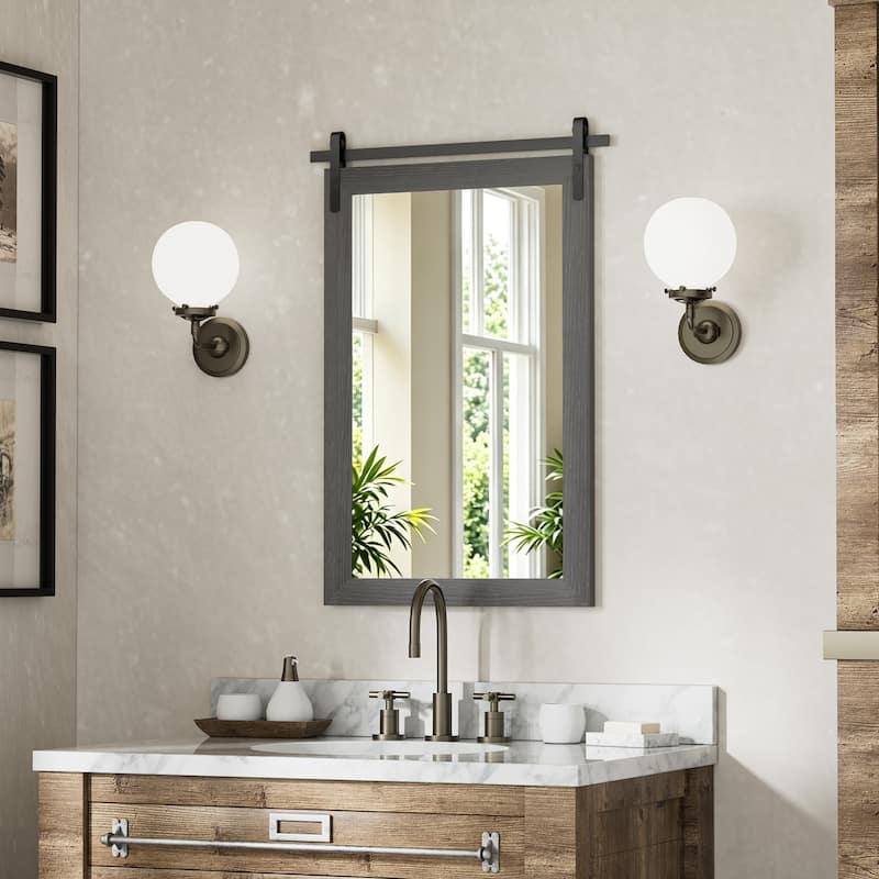 Farmhouse Barn Door Solid Wood Frame Bathroom Vanity Wall Mirror - 18W * 26H Inches - Grey