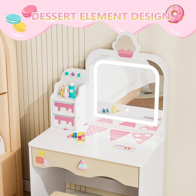 Kids Makeup Desk Vanity Table Set With Cloud-Like Lights And Drawer For Little Girls Ages 3-8 - N/A