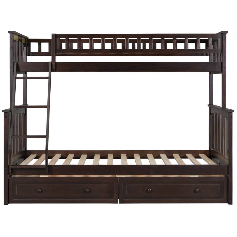 Wooden Storage Bunk Bed Frame with Fence-shaped Guardrails and Pull-out Drawers, Convertible 2 Platform Beds, Detachable Design