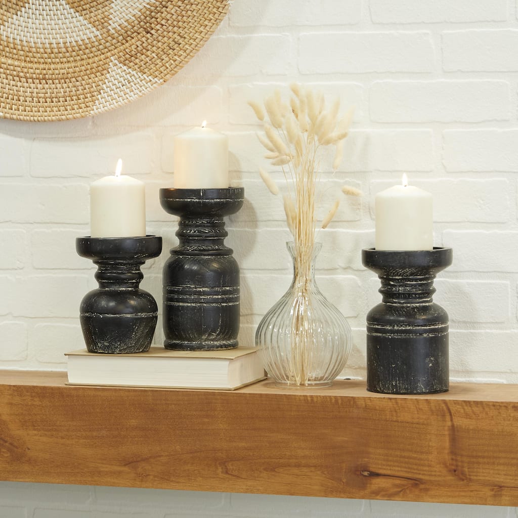 Black Wood Decorative Candle Holder (Set of 3)