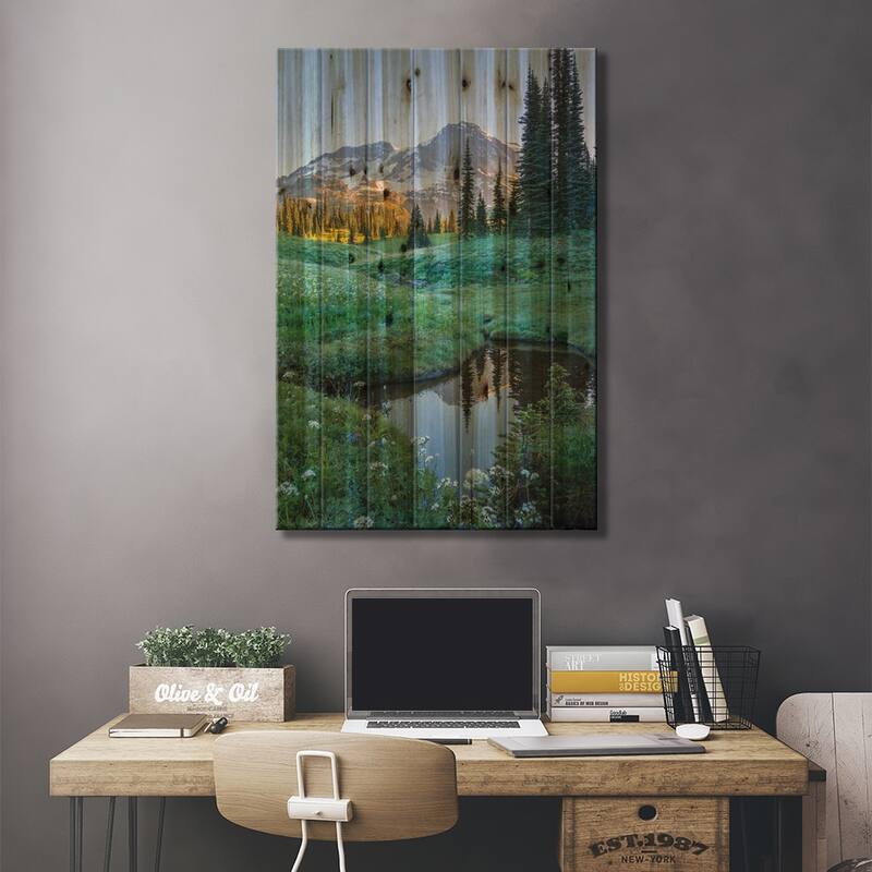 USA. Washington State. Mt. Rainier reflected in tarn amid wildflowers, Mt. Rainier National Park I Print On Wood by Gary Luhm